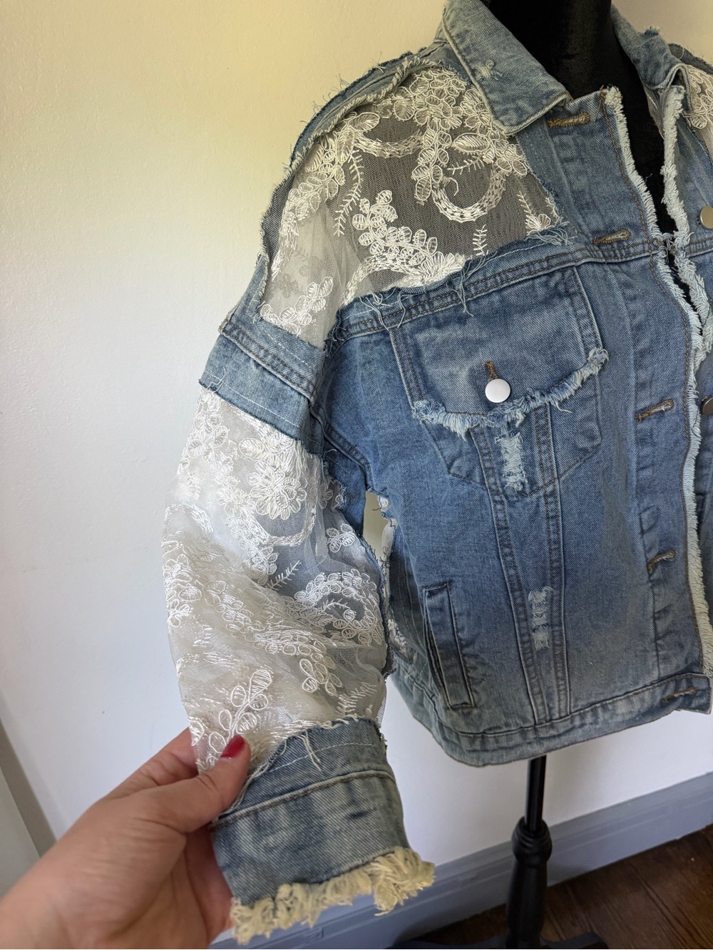 Lace Panel Distressed Light Wash Denim Jacket - Picture 6 of 11